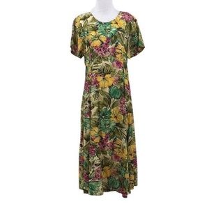 Paradise Bay Green Yellow Floral Hawaiian‎ Dress Womens Large Short Sleeve Midi